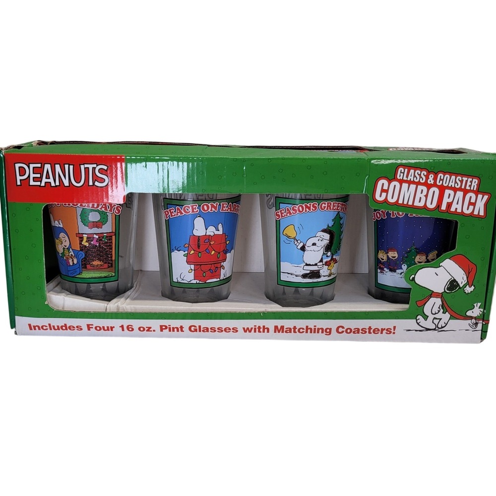 Peanuts Christmas Pint Glass Tumbler Drinkware Coaster Set 16 Oz Holiday Decor
